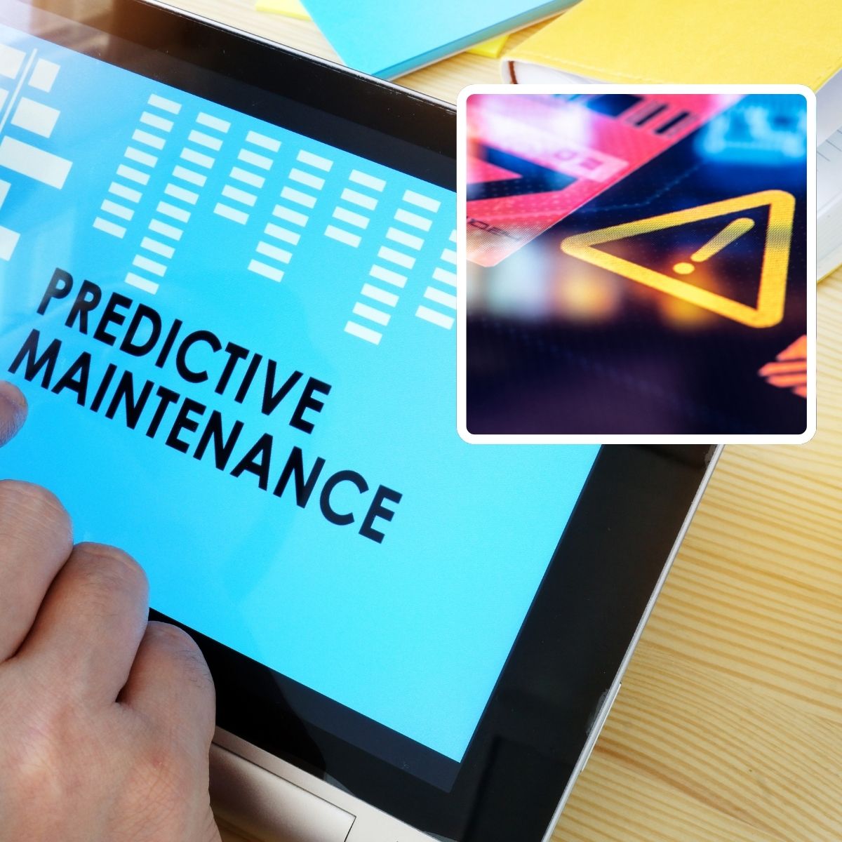 Predictive maintenance dashboard on tablet with AI-powered fault alerts.