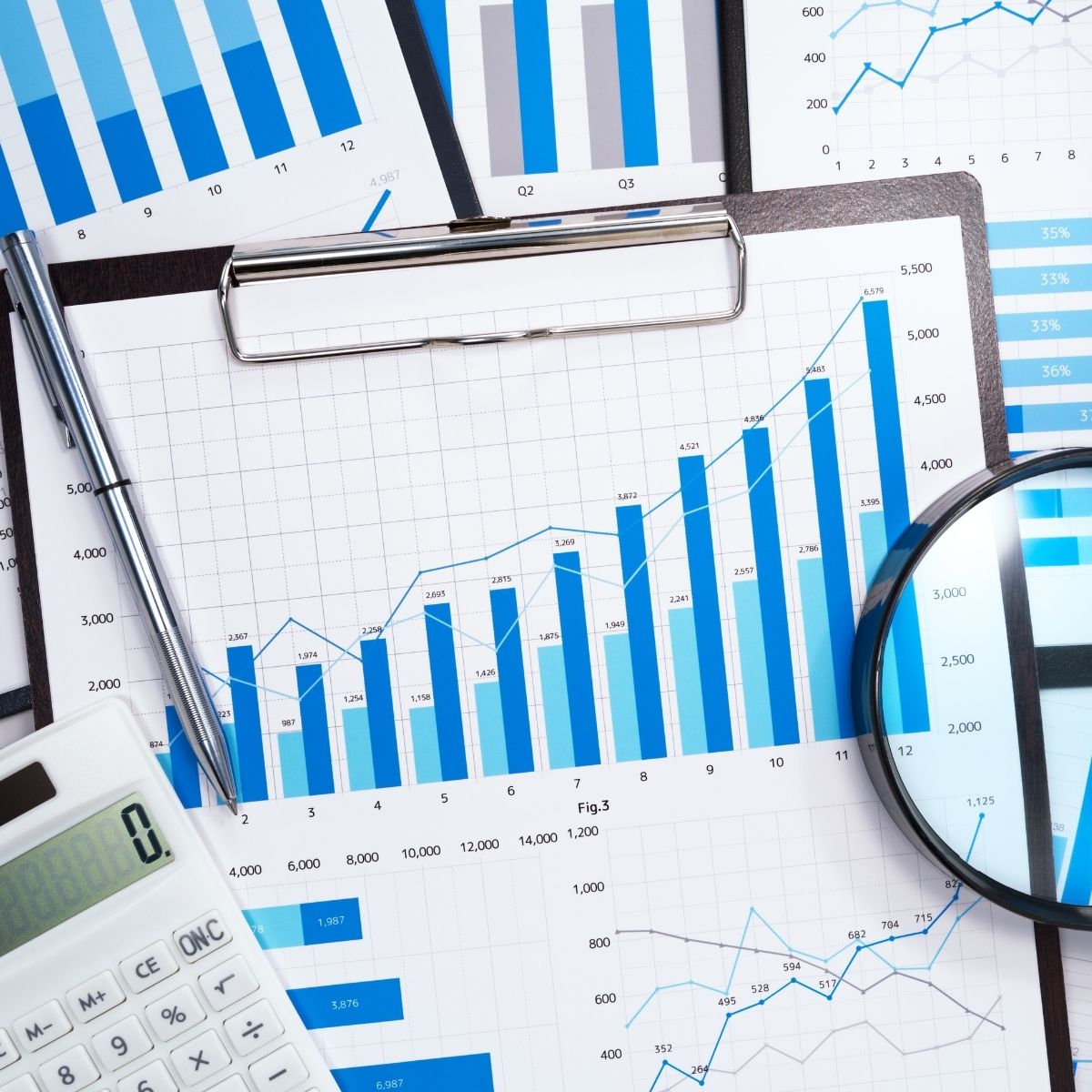 inancial analytics charts and calculator showing ROI growth and budget efficiency.