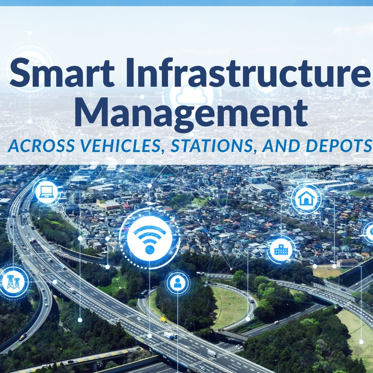 Smart city infrastructure with IoT, cloud, and AI connectivity across transit systems.