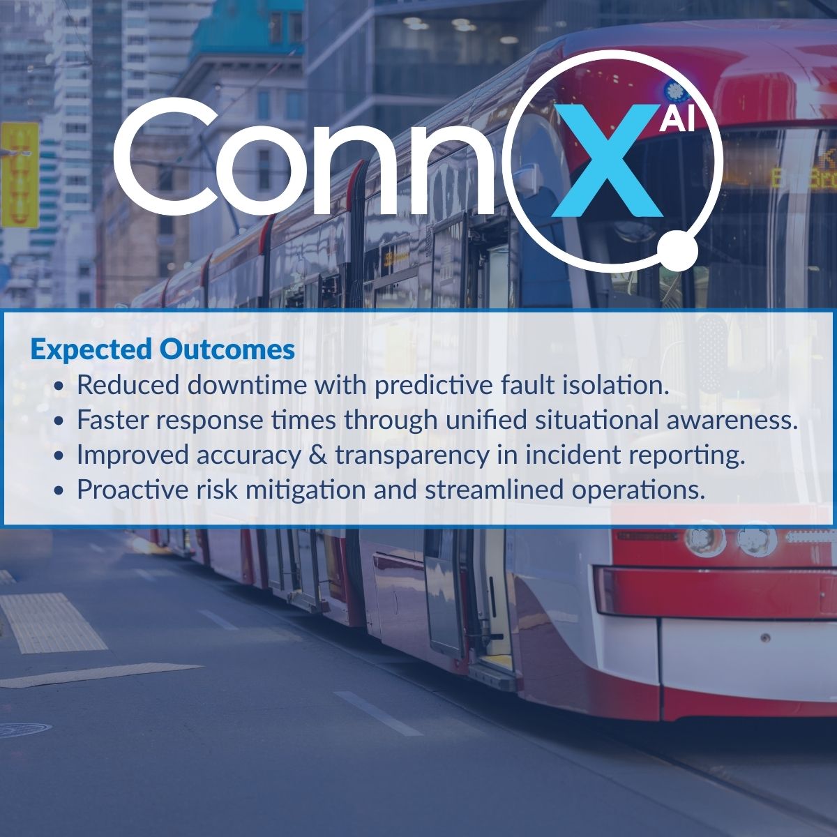 Light rail transit vehicle with ConnX logo and overlay text highlighting expected outcomes: reduced downtime, faster response times, improved accuracy, and proactive risk mitigation.