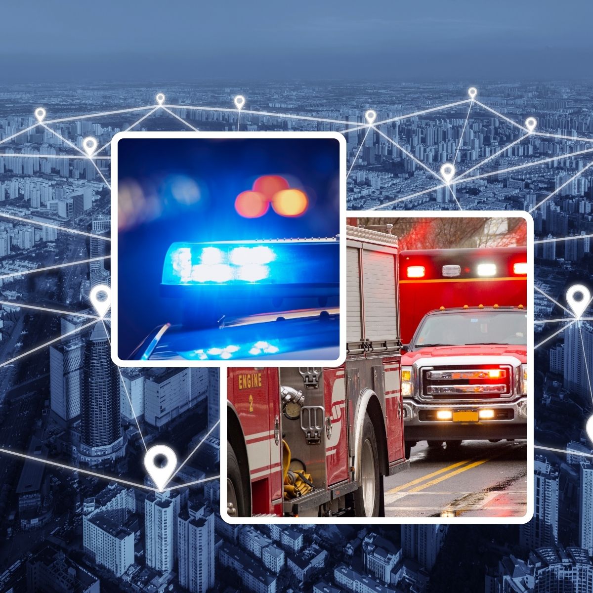Emergency response vehicles connected by real-time communication networks.