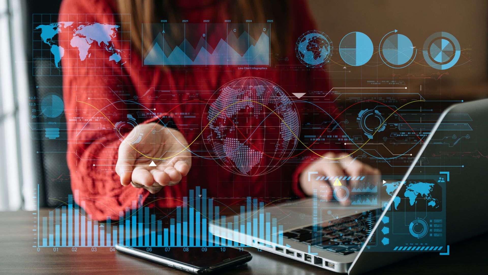 Business professional analyzing data visualizations with global charts and graphs overlayed.