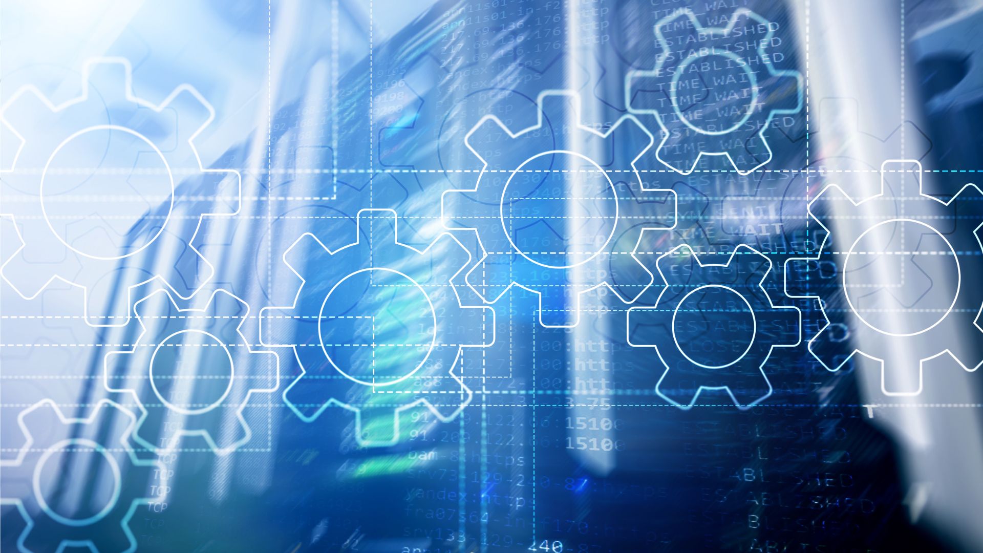 Abstract gears and automation icons over digital technology background.